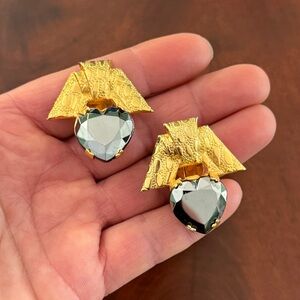 Vintage ‘80’s Heart Clip-On Earrings; Hematite & Textured Gold Tone
